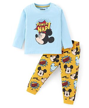 Babyhug Disney  Single Jersey Knit Full Sleeves Night Suit with Mickey Mouse Graphics-  Sky Blue & Yellow