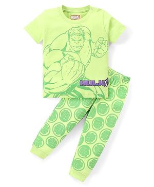 Babyhug Marvel Single Jersey Knit  Half Sleeves Night Suit with Hulk Graphics -Light Green