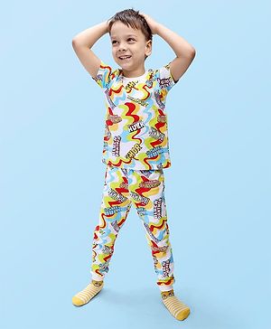 Babyhug Marvel Single Jersey Knit Half Sleeves Night Suit with Avengers Print - Multicolor