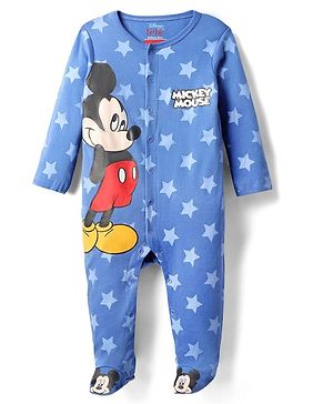 Babyhug Disney Interlock Knit Full Sleeves Footed Sleepsuit with Mickey Mouse Graphics - Blue