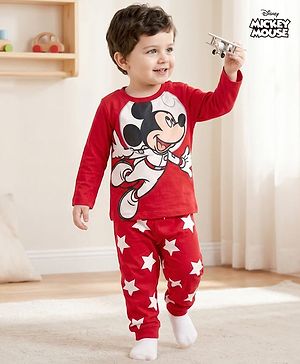Babyhug Disney Single Jersey Knit  Full Sleeve Night Suit with Mickey Mouse Graphics - Red