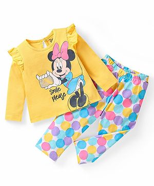 Babyhug Disney Single Jersey Knit Full Sleeves Night Suit with Frill Detailing & Minnie Mouse Graphics - Yellow