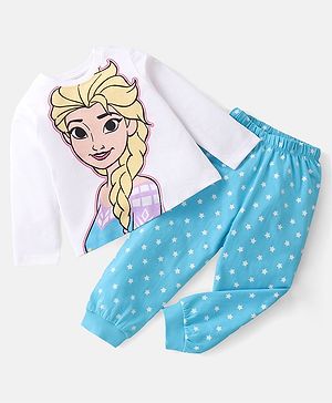 Babyhug Disney Single Jersey Knit  Full Sleeve Night Suit with Frozen Princess Graphics - White & Blue