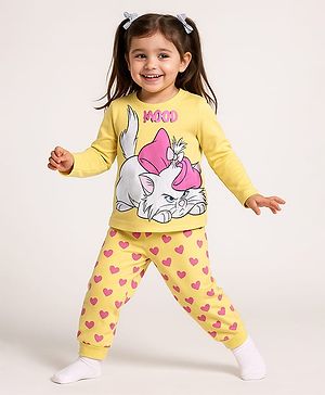 Babyhug Disney Single Jersey Knit  Full Sleeves Night Suit with Marie Graphics - Yellow