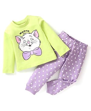 Babyhug Disney Single Jersey Full Sleeve Night Suit With Marie Graphics - Green & Purple