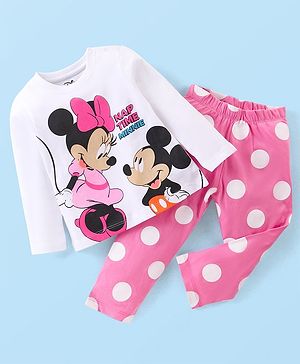 Babyhug Disney Cotton Full Sleeves Night Suit WIth Minnie And Mickey Mouse Print - White & Pink