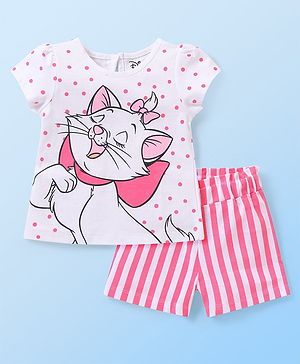 Babyhug Disney Cotton Knit Half Sleeves Night Suit With Marie Print - Multicolor
