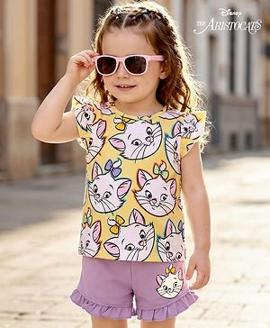 Babyhug Disney Cotton Knit Half Sleeves Top & Mid Length Shorts Set With Marie Graphics - Multicolor
