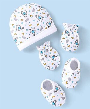 Babyhug 100% Cotton Cap Mittens & Booties Set Teddy Print - White