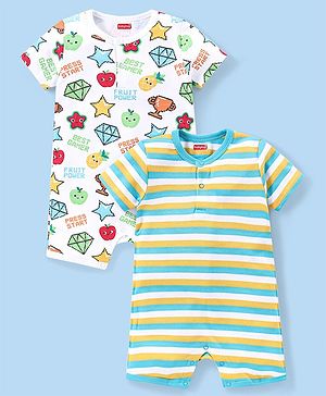 Babyhug 100% Cotton Knit Half Sleeves Romper Stripes & Diamond Print Pack of 2 - White Green & Yellow