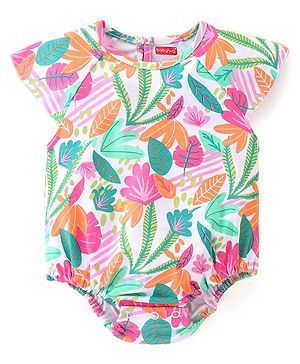 Babyhug 100% Cotton Knit Raglan Sleeves Onesie With Floral Print - Multicolor