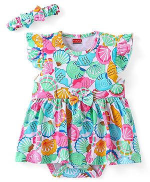 Babyhug 100% Cotton Frill Sleeves Onesie with Headband Sea Shells Print - Multicolour