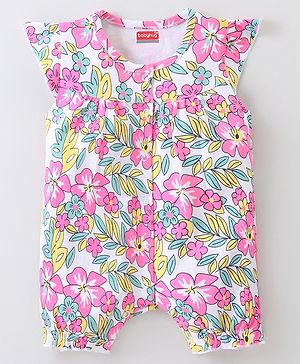 Babyhug 100% Cotton Knit Cap Sleeves Romper Floral Print - Multicolor