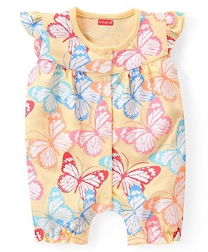 Babyhug 100% Cotton Knit Cap Sleeves Romper Butterfly Print - Yellow