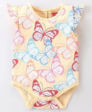 Babyhug 100% Cotton Knit Frill Sleeves Butterfly Printed Onesie - Yellow
