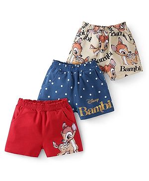 Babyoye Disney Cotton Knit Knee Length Shorts with Smocking & Bambi Print Pack of 3  - Multicolour