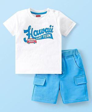Babyhug Single Jersey Knit Half Sleeves T-Shirt & Shorts Set Bus Print - White & Blue