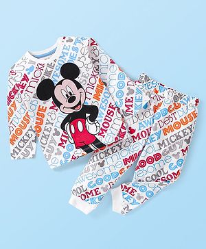 Babyhug Disney Single Jersey Full Sleeves Night Suit with Mickey Mouse Print - White