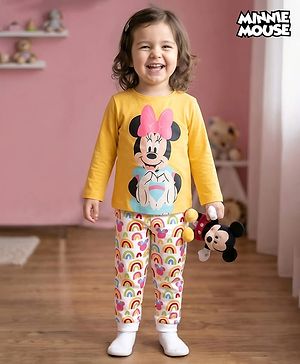 Babyhug Disney Single Jersey Knit Full Sleeves Night Suit with Minnie Mouse Graphics - White & Yellow