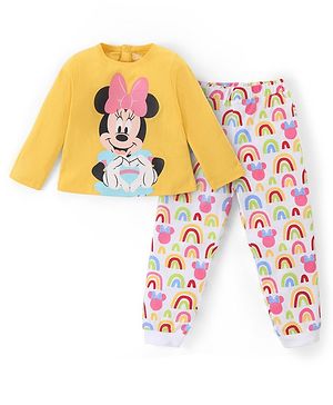 Babyhug Disney Single Jersey Knit Full Sleeves Night Suit with Minnie Mouse Graphics - White & Yellow