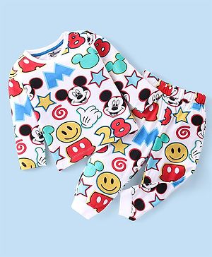 Babyhug Disney 100% Cotton Knit Full Sleeve Night Suit With Mickey Mouse Print - White