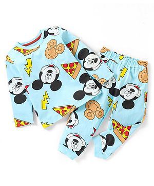 Babyhug Disney Single Jersey Full Sleeve Night Suit Mickey Mouse All Over Print - Light Blue