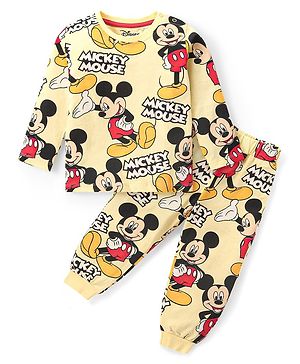 Babyhug Disney Cotton Knit Full Sleeves Night Suit With Mickey Mouse Graphics - Yellow