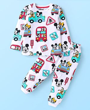 Babyhug Disney Cotton Knit Full Sleeves Night Suit With Mickey Mouse Print - White