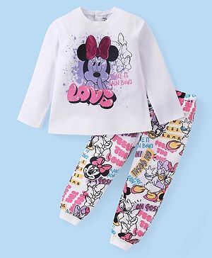 Babyhug Disney Single Jersey Cotton Knit Full Sleeves Night Suit With Minnie Mouse Graphics & Glitter Bow Detailing - Multicolour