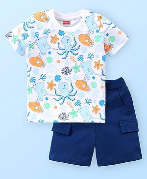Babyhug Single Jersey Half Sleeves T-Shirt and Shorts Set Octopus Print - White & Blue