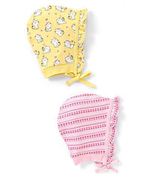 Babyhug 100% Cotton Caps Cats & Floral Print Pack of 2 - Multicolour