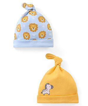 Babyhug 100% Cotton Caps Lion & Zebra Print Pack of 2 - Multicolour