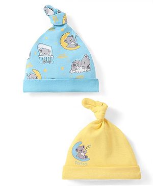 Babyhug 100% Cotton Cap With Bear Print Pack of 2 - Blue & Yellow