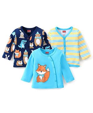 Babyhug 100% Cotton Full Sleeves Front Open Vest Striped & Animal Print Pack of 3 - Multicolour