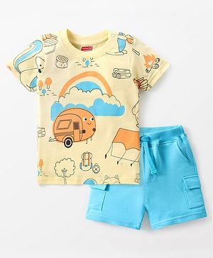 Babyhug Cotton Knit Half Sleeves Summer Theme Printed T-Shirt & Shorts Set - Blue & Yellow