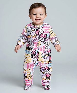 Babyhug Disney Cotton Knit Full Sleeves Footed Sleep Suit with Minnie Mouse Graphics - White