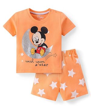 Babyhug Disney Cotton Knit Half Sleeves Night Suit With Mickey Mouse Print - Orange