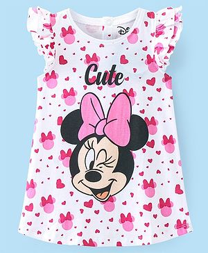 Babyhug Disney Cotton Knit Frill Sleeves Nighty With Minnie Mouse Graphics - White