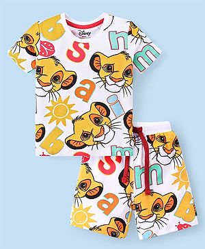 Babyhug Disney Cotton Knit Half Sleeves T-Shirt & Shorts Set With Lion King Graphics - White