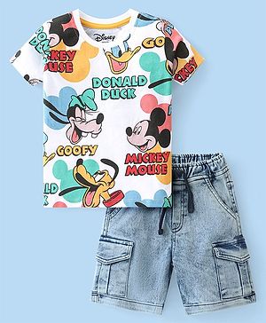 Babyhug Disney Cotton Knit Half Sleeves T-Shirt & Denim Shorts Set With Mickey & Friends Print - White