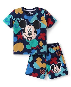 Babyhug Disney Cotton Knit Half Sleeves T-Shirt & Mid Length Shorts Set With Mickey Mouse Print - Navy