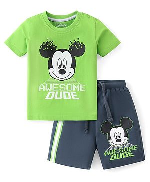 Babyhug Disney Cotton Knit Half Sleeves T-Shirt & Shorts Set With Mickey Mouse Print - Green & Blue