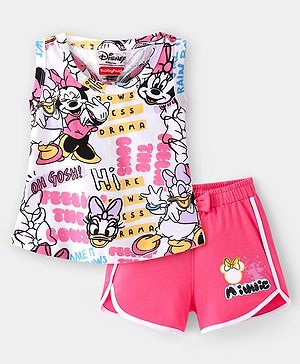 Babyhug Disney Cotton Knit Sleeveless Top & Shorts Set With Minnie Mouse Graphics & Knot Detailing - Multicolor