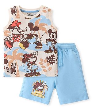 Babyhug Disney Cotton Knit Sleeveless T-Shirt & Shorts Set With Mickey & Minnie Mouse Print - Multicolor