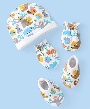 Babyhug Interlock Cotton Knit Cap Mittens And Booties Animal Design - White