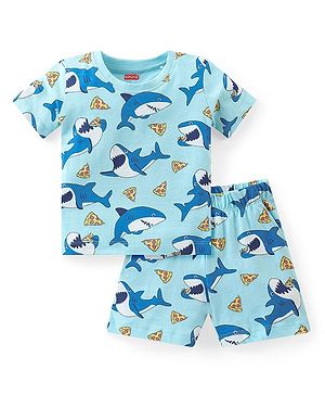Babyhug Cotton Knit Half Sleeves Night Suit Shark Print - Blue