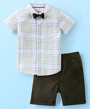 Babyhug Cotton Woven Half Sleeves Checkered Shirt & Shorts Set with Bow  - Green