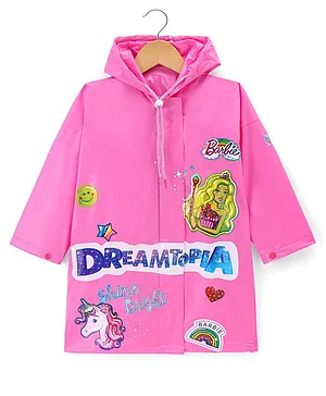 Babyhug Full Sleeves Below Knee Length Hooded
                      Raincoat with Barbie Print - Fuschia