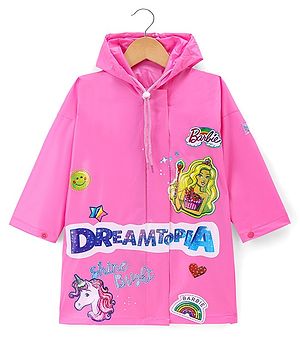 Babyhug Full Sleeves Below Knee Length Hooded Raincoat with Barbie Print - Fuschia