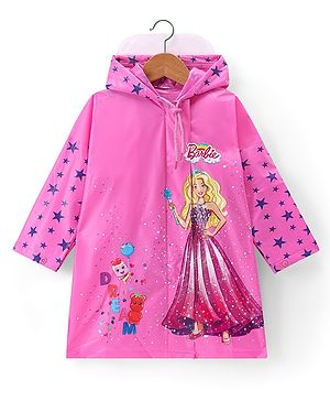 Babyhug Full Sleeves Below Knee Length Raincoat Barbie Print - Pink